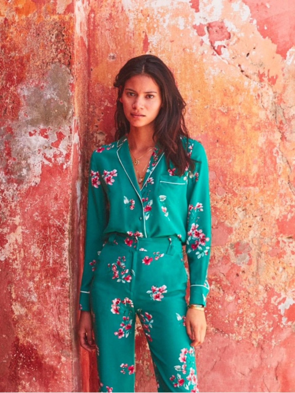 Like new! Sezane Emerald Floral Satin silk trousers, 38, 4